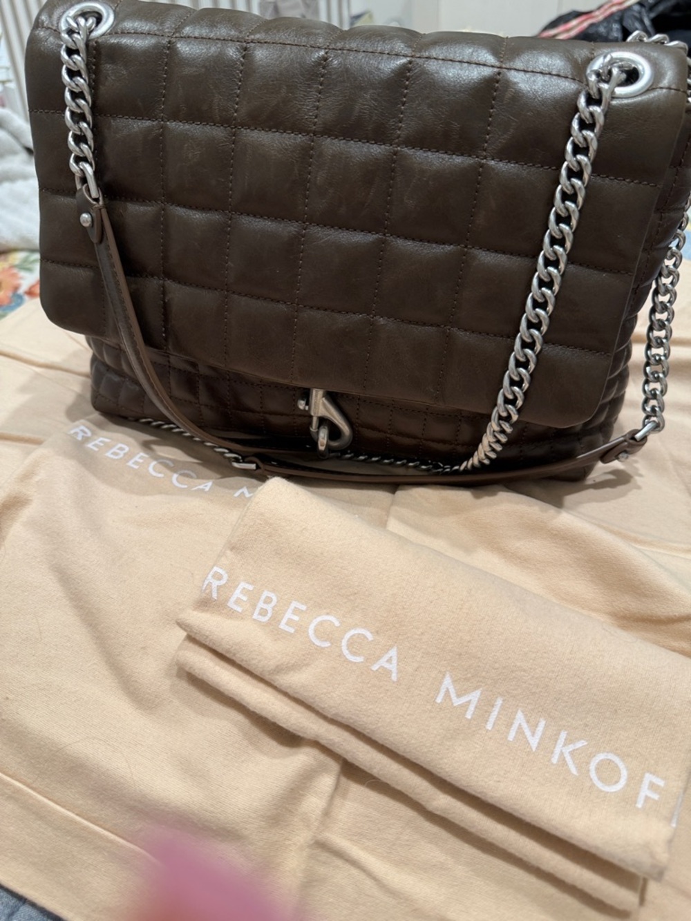 Rebecca Minkoff Quilted Shoulder Bag in seaweed color Leather with Silver Chain